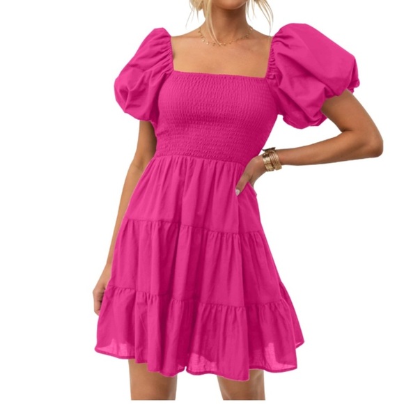 Pink Puff Sleeve Mini Dress - Picture 1 of 7